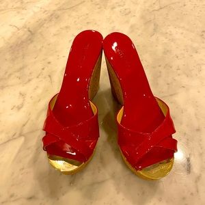 Jimmy Choo Red Patent Leather Cork Wedge Platform Sandals Size 38.5